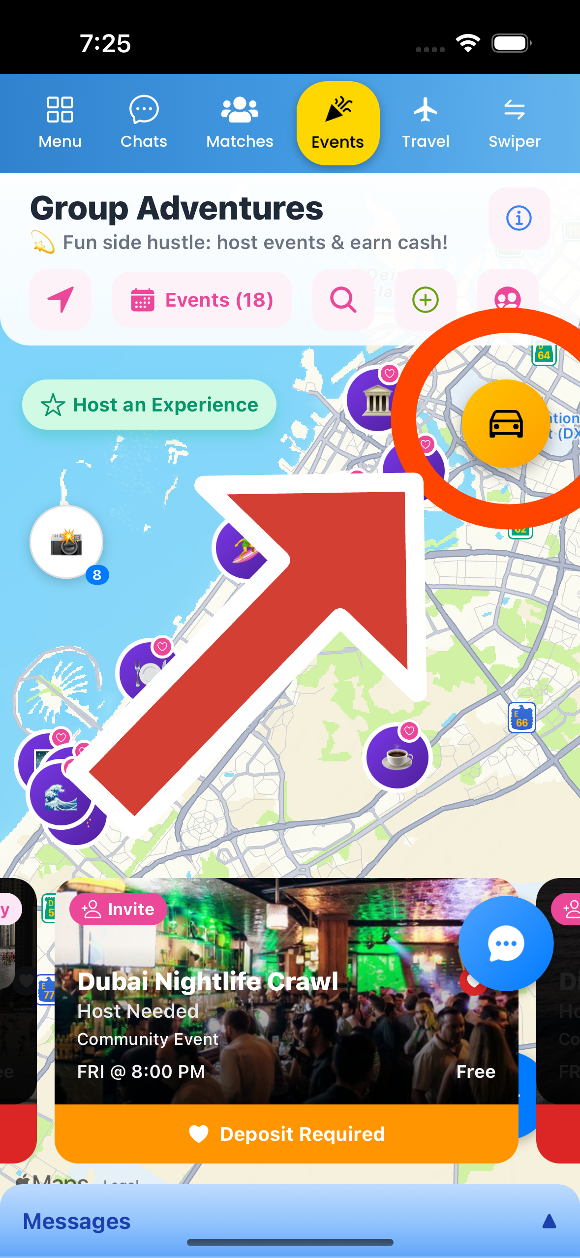 App screen showing event details with carpool option