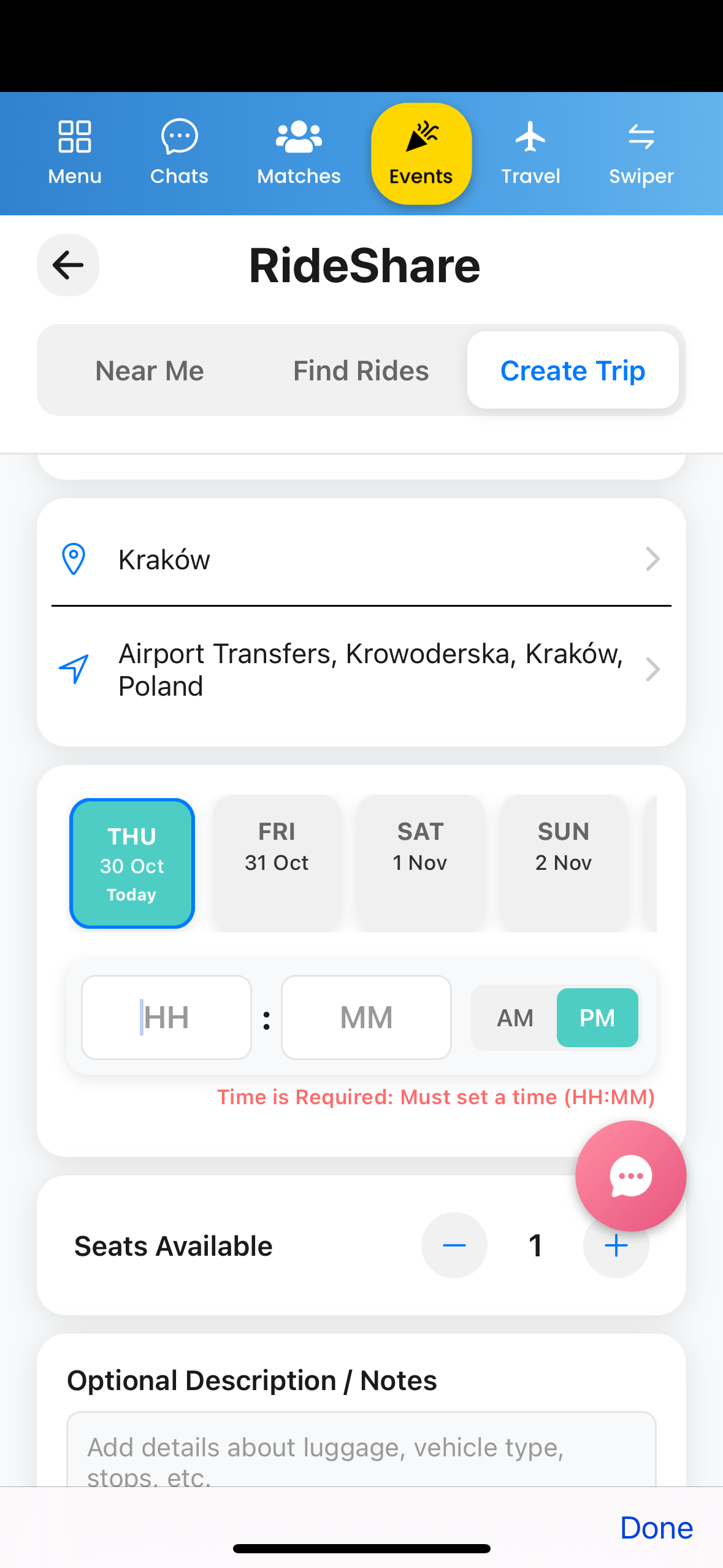 App screen showing carpool group chat