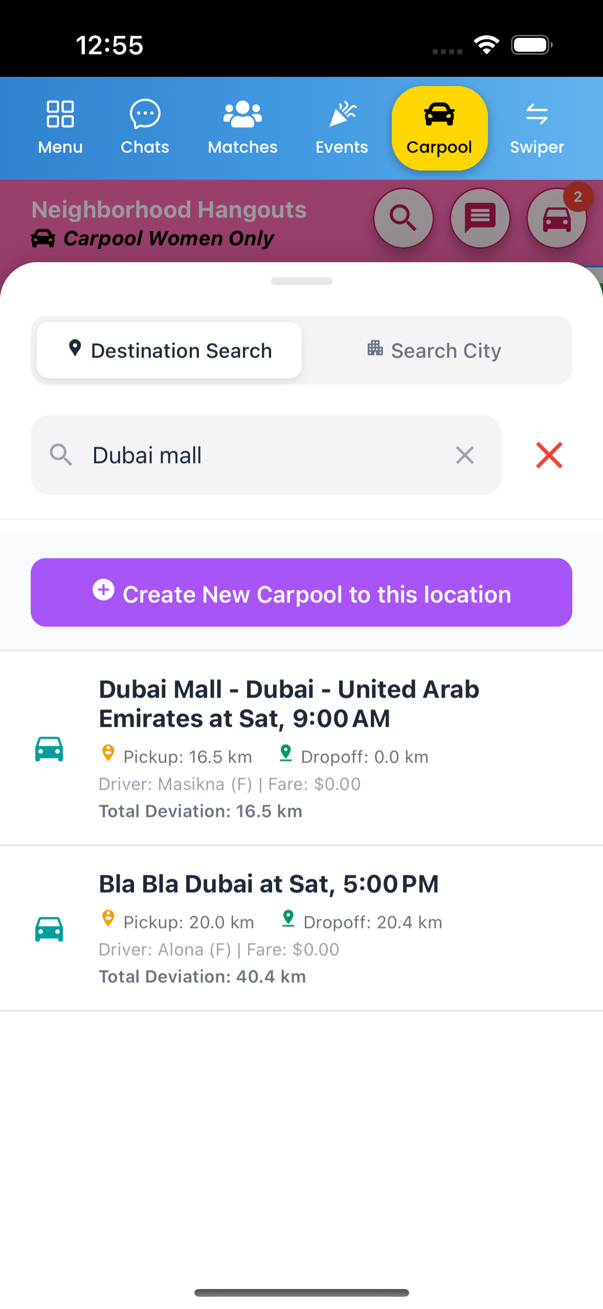 App screen showing map with carpool members