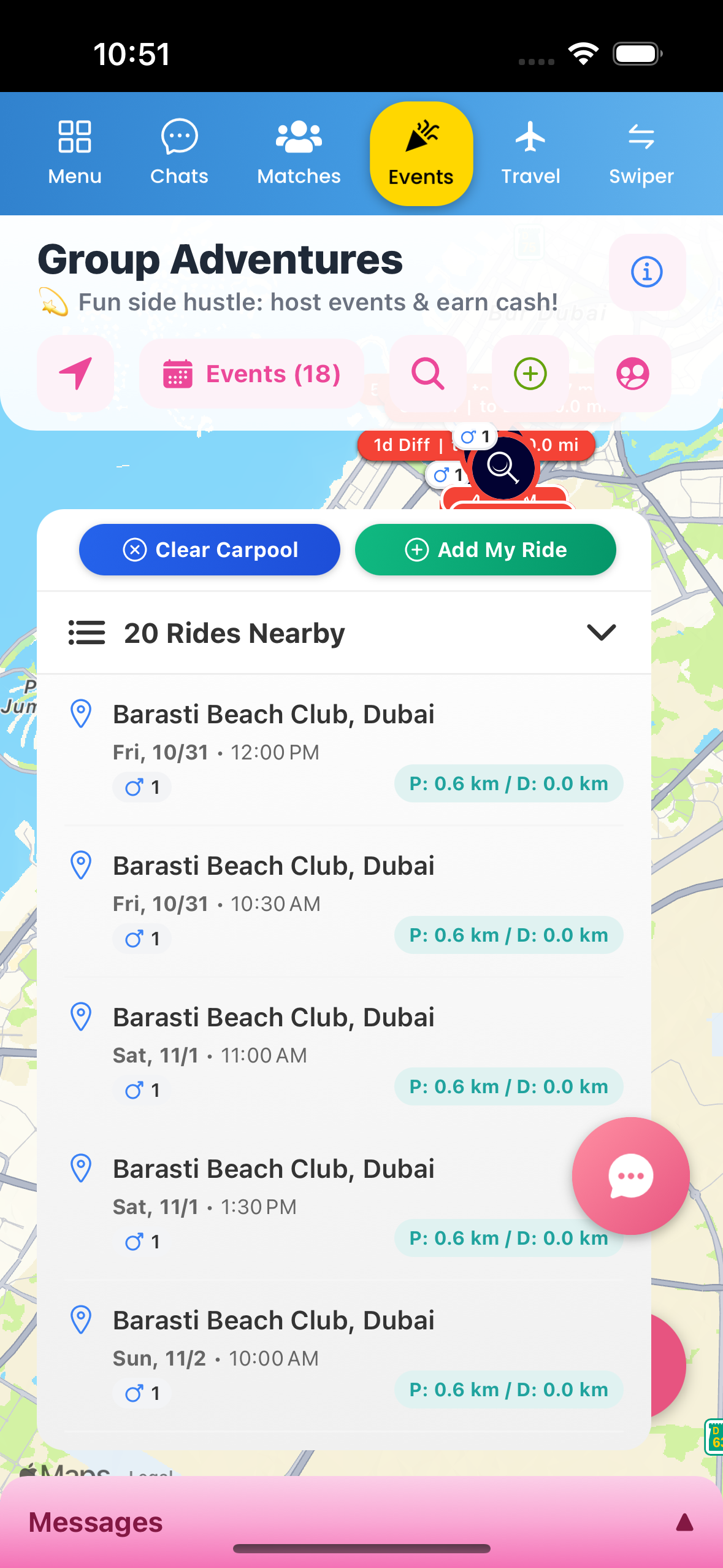 App screen showing map with carpool members